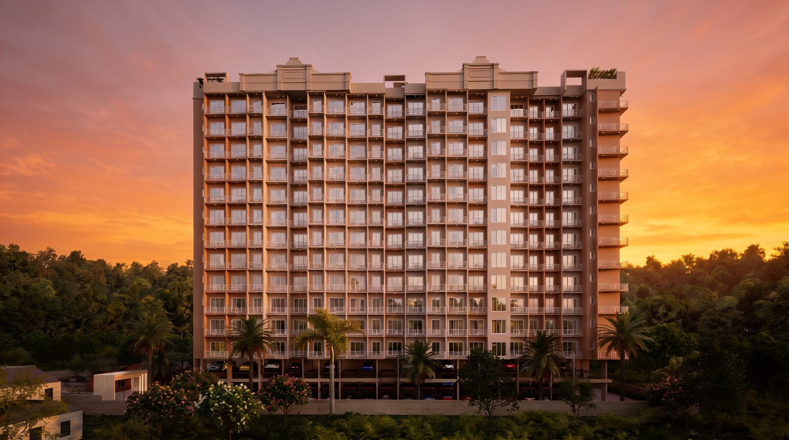 Mukundan Astria front elevation at sunset